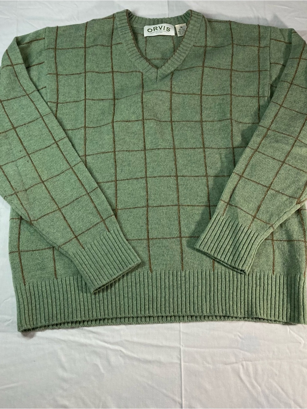 Orvis Light Green Windowpane V-Neck Sweater